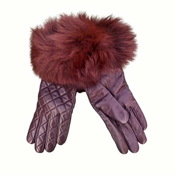 Quilted Lambskin Leather Gloves Genuine Fur Cuff Cashmere Lined Chocolate Brown - Picture 3 of 6